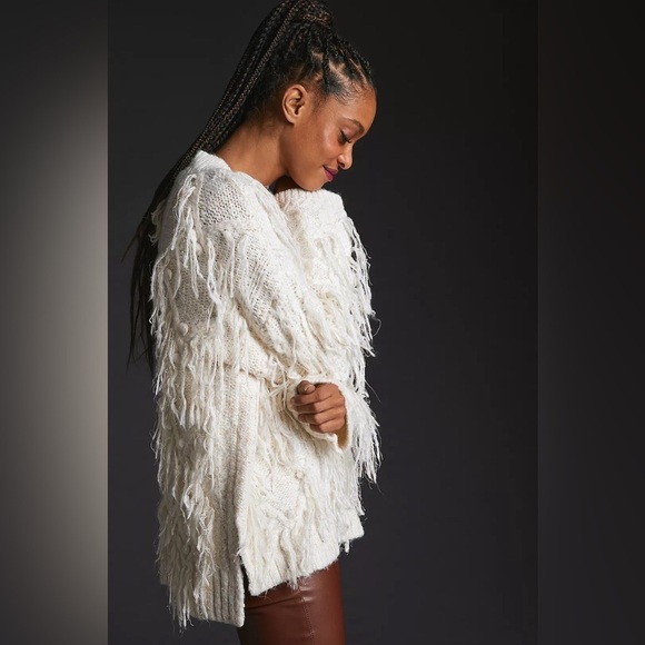 Anthropologie Fringed Pullover Knit Sweater Sequin Fringe in Ivory Large EUC - Picture 5 of 16